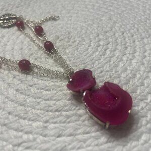 Beautiful AGATE GEODE & RASPBERRY QUARTZ Handmade Sterling 925 Necklace #884D